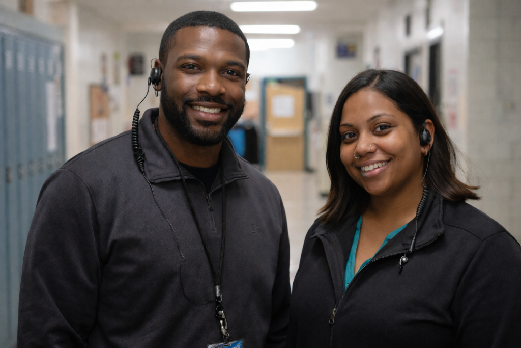 smiling specialists in school hallway